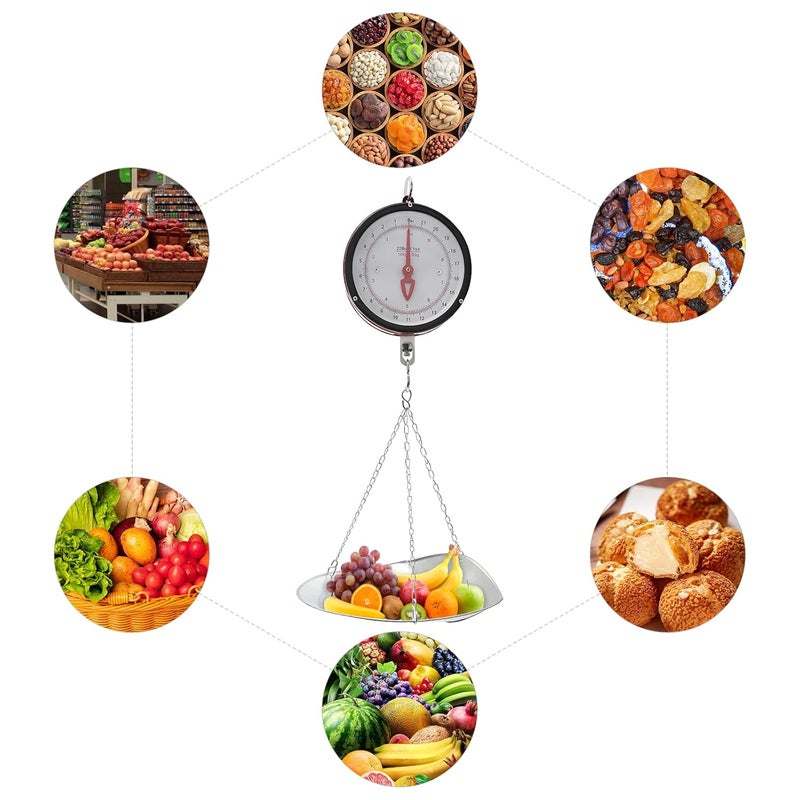 Pxolerig 22LBS Double-Sided Dial Mechanical Hanging Scale with Scoop/Chain for Farm,Strong Load-Bearing Capacity, Kitchen Food and Produce Weighing, Easy to Read Display - Image 2
